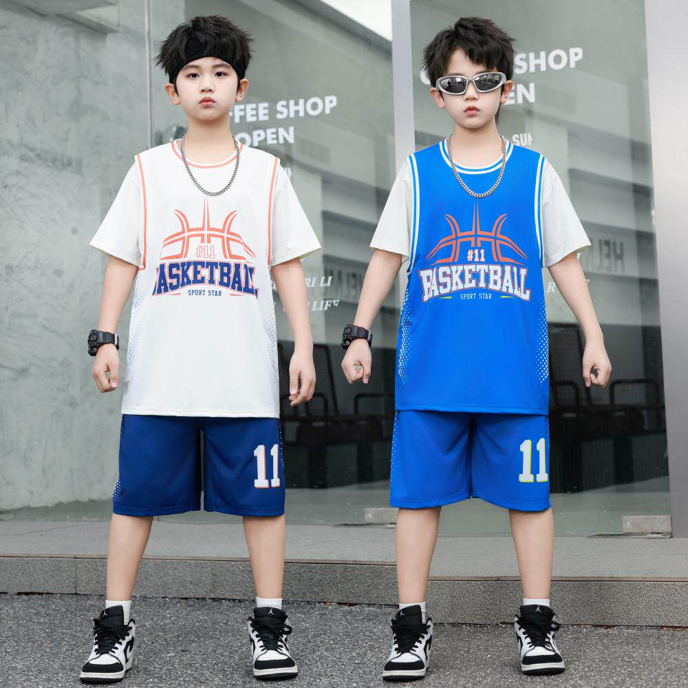 夏季薄款运动套装男童洋气休闲短袖短裤两件套2026新款拼接时尚潮