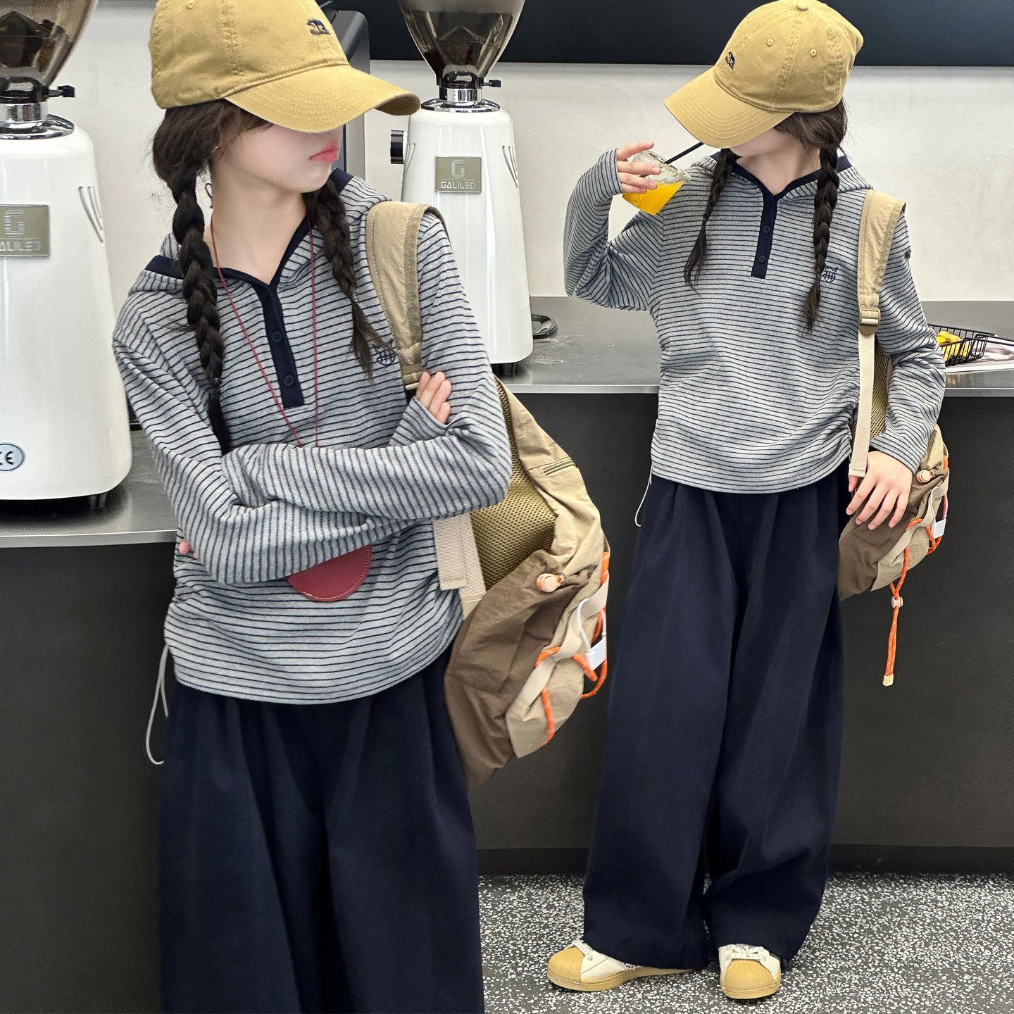 儿童春秋款套装新款洋气2026女童条纹连帽上衣中大童休闲裤两件套