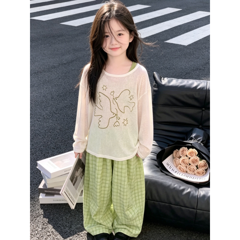 女童中大童罩衫背心夏季防晒套装2026新款格子阔腿裤小清新三件套