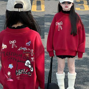 女童加绒卫衣2025秋冬新款儿童上衣女大童春秋洋气红色kt猫衣服潮
