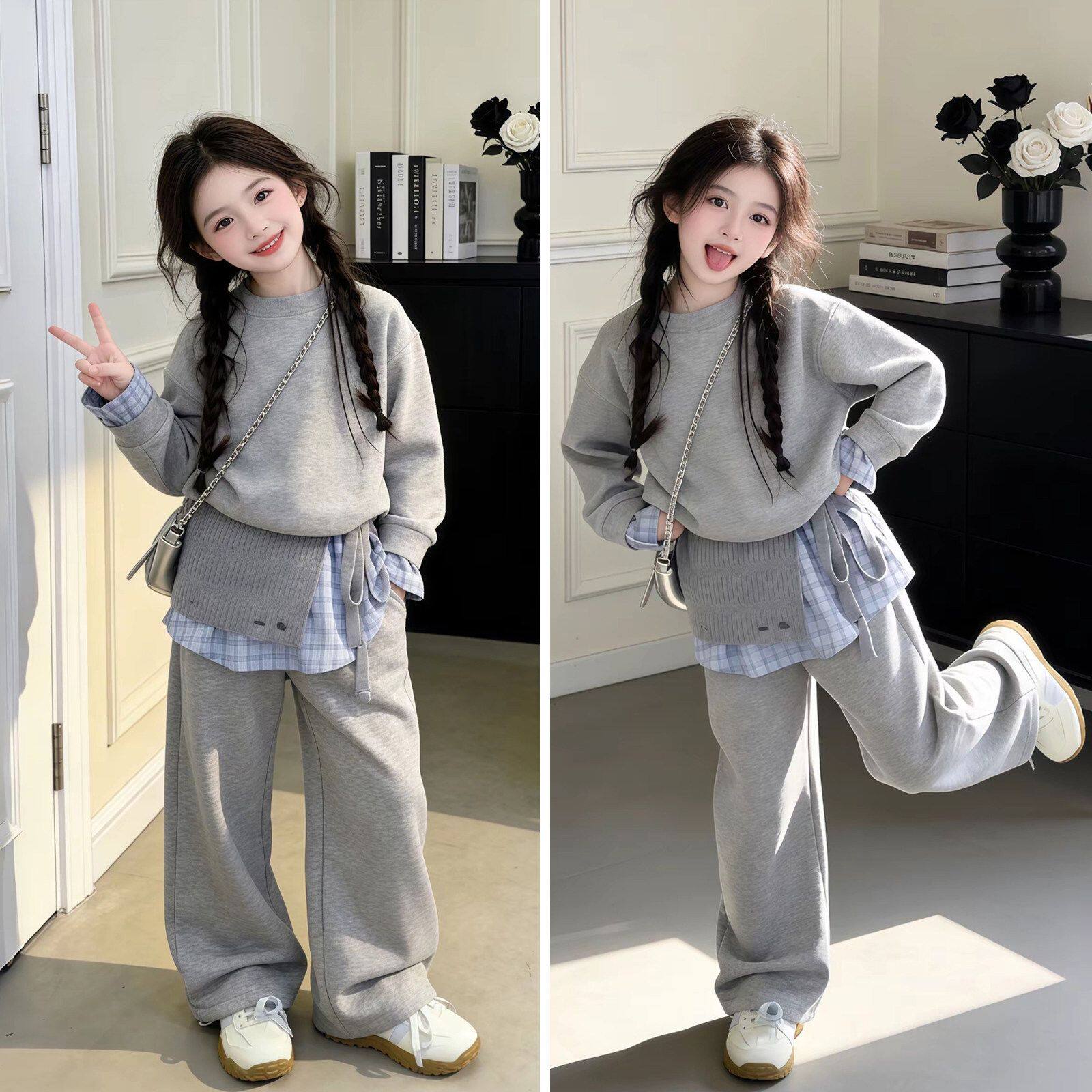 韩系慵懒风格纹假两件卫衣套装女童2026春秋设计感屁帘卫裤两件套