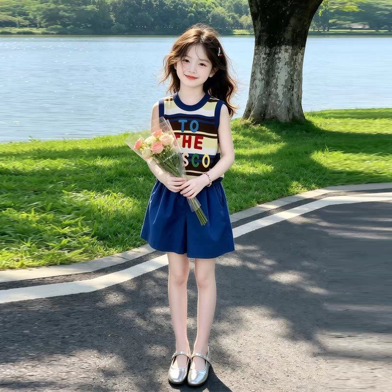女童夏装背心套装2026新款韩范中大童儿童夏季条纹女孩短裤两件套