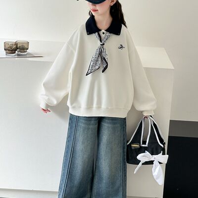 女童秋装新款翻领丝巾卫衣春秋学院风2025中大童宽松百搭女孩上衣