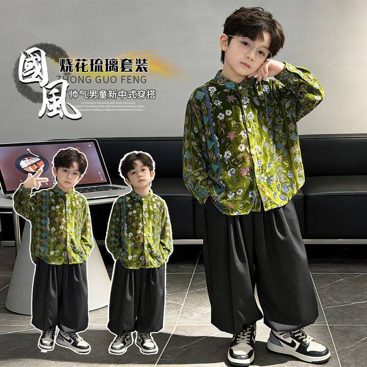 男童春夏套装2026新款儿童绿色碎花衬衫两件套男孩春秋时尚炸街潮