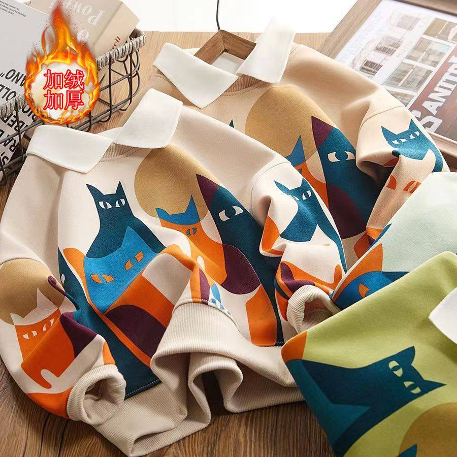 男童加绒卫衣秋冬装2026新款儿童卡通韩版Polo领长袖冬季加厚上衣