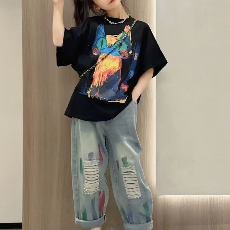 女童夏装薄款纯棉短袖T恤上衣2026新款中大童宽松卡通印花圆领服