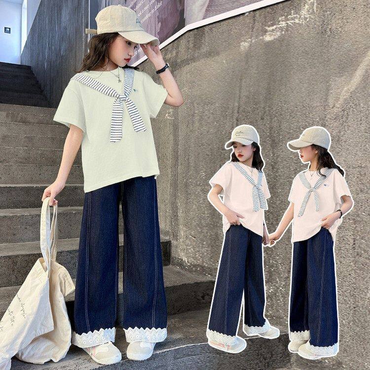 2026新款儿童洋气短袖T女童薄款套装花边阔腿裤中大童夏装一整套