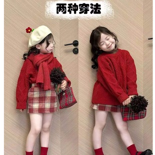 2026秋冬新款韩版女童新年红色针织毛衣上衣女宝宝红色格子半裙潮