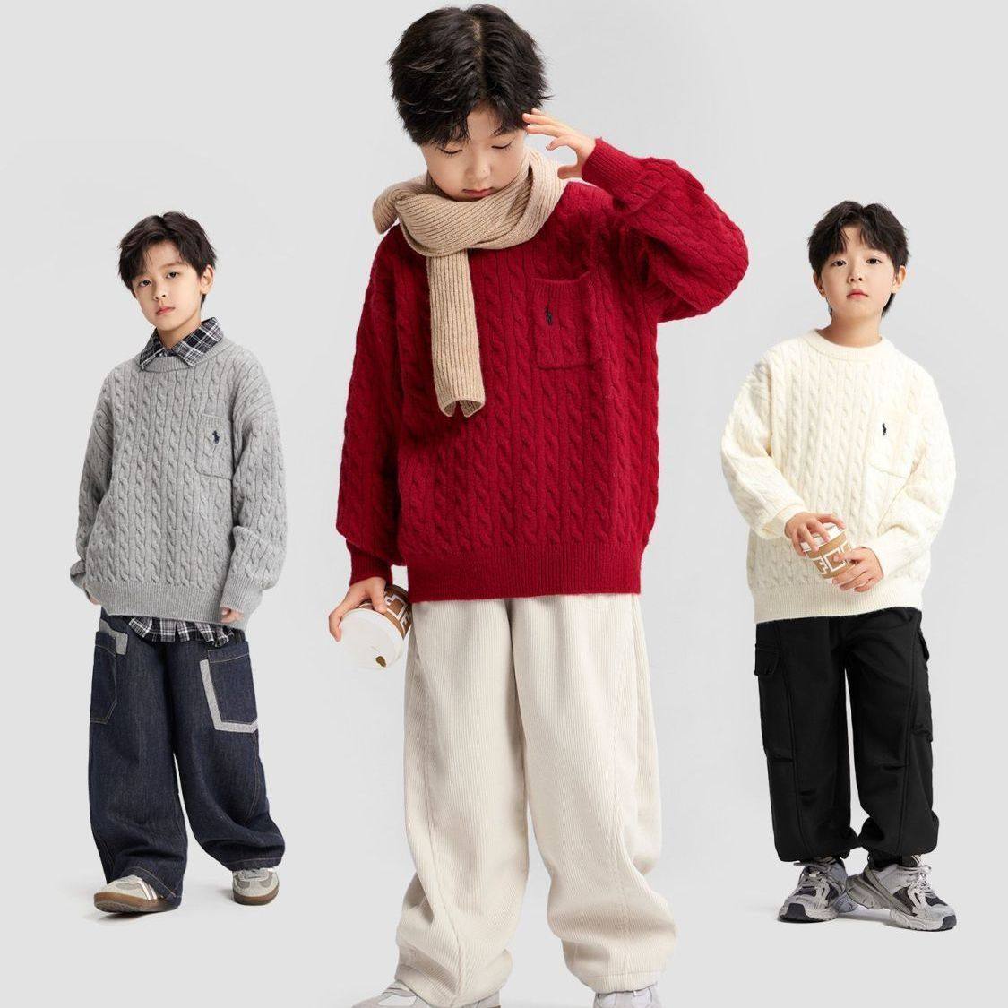 男童毛衣秋冬童装女童针织衫儿童2026新年款红色拜年服套头上衣