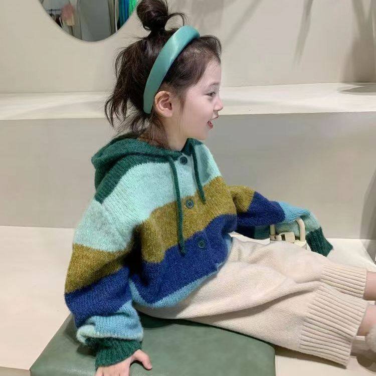 女童连帽针织衫韩系2026秋冬新款连帽针织衫女孩毛衣开衫洋气外套