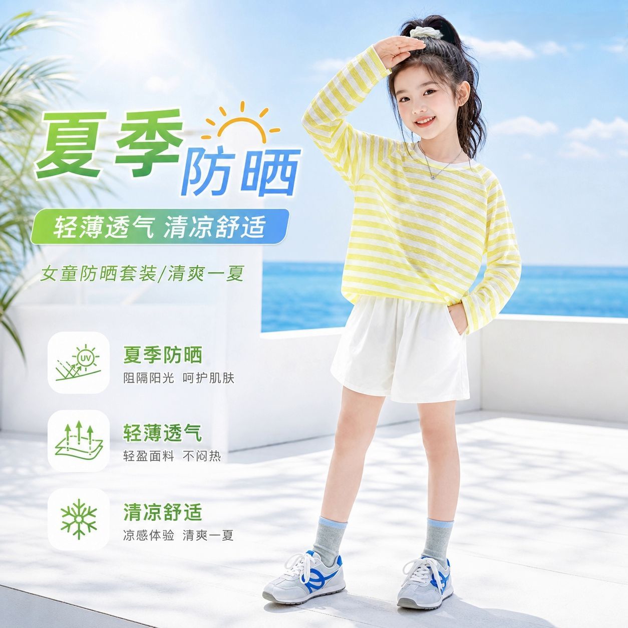 女童防晒套装夏季轻薄长袖短裤