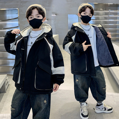 男童加绒外套秋冬款2025新款中大儿童加厚冬季时髦风衣派克服棉衣