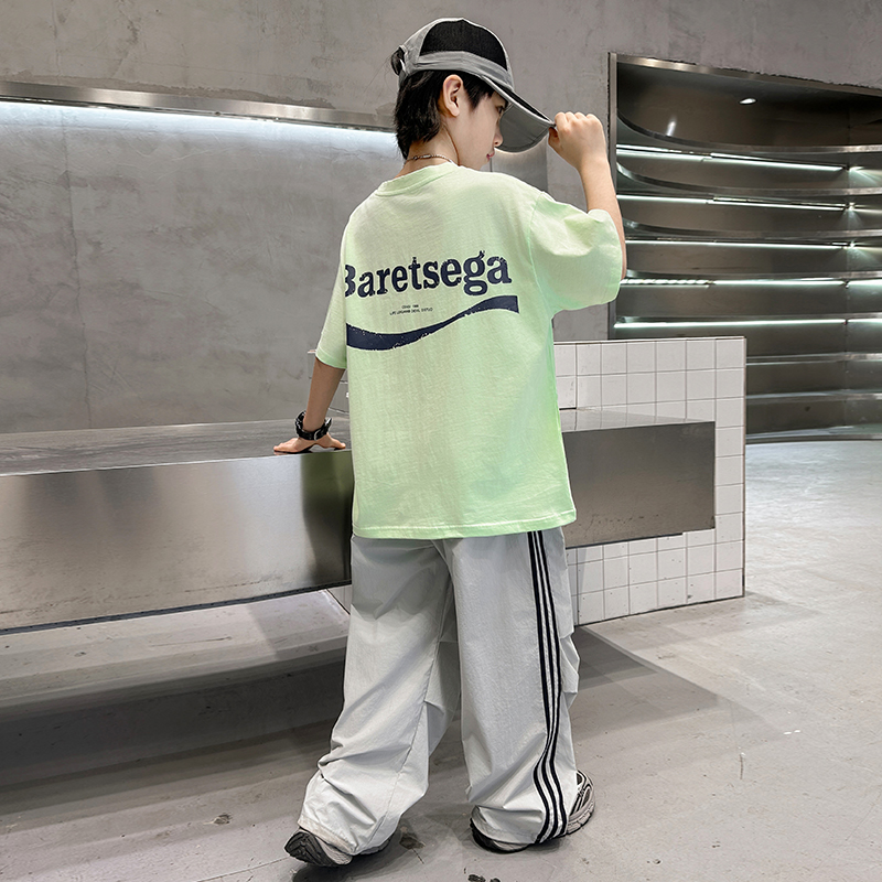 男童夏季T恤薄款2025新款洋气大男孩短袖长裤儿童运动纯棉青少年t