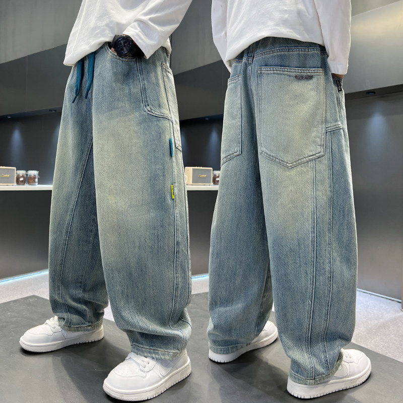 男童春秋裤子2026新款中大男孩牛仔裤宽松浅色儿童春季帅气弯刀裤