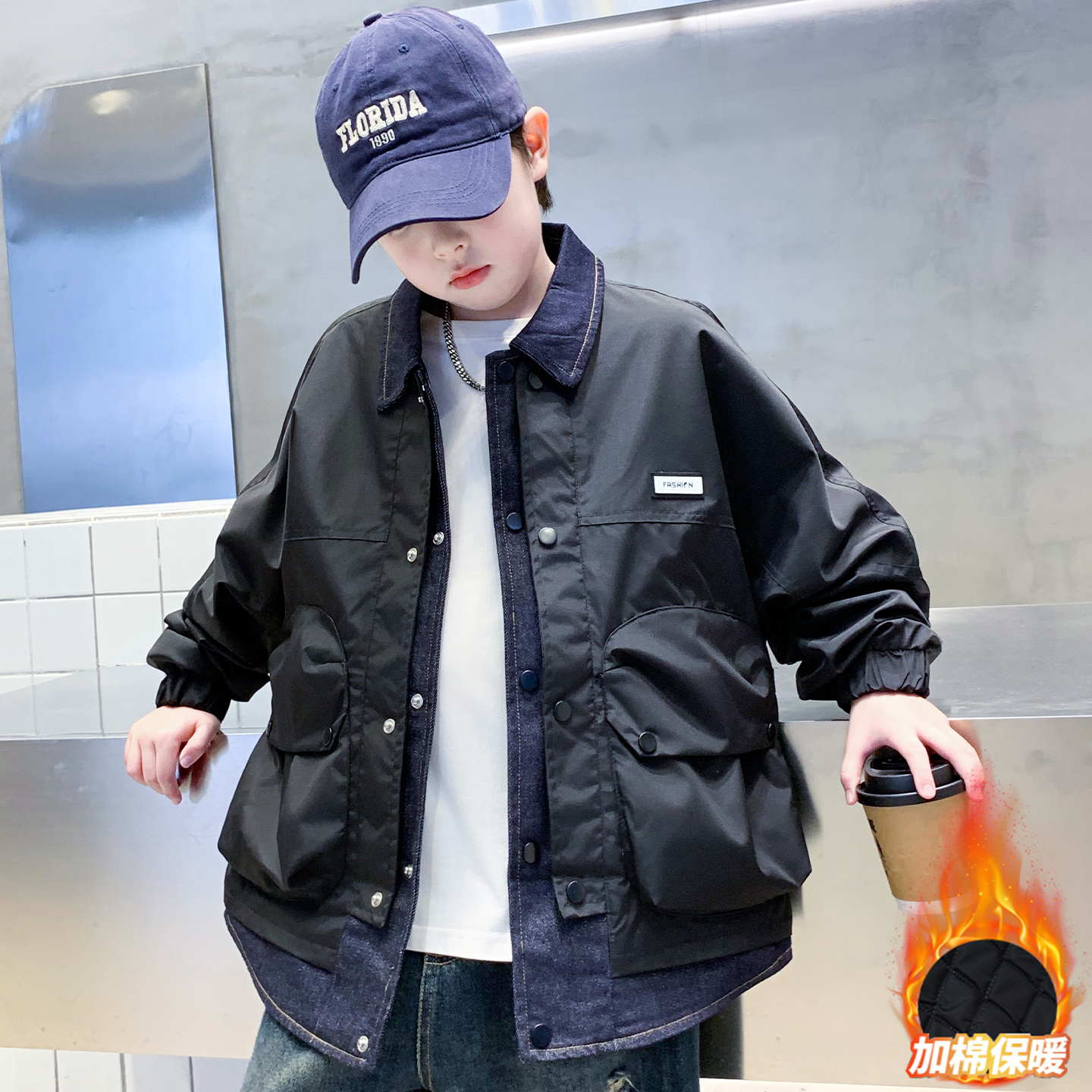 男童外套秋冬款2025新款中大童牛仔拼接夹棉加厚夹克保暖工装上衣