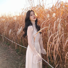 连衣裙网红甜美显瘦仙女裙子网纱拼接中长裙 早秋超仙森系长款 长袖