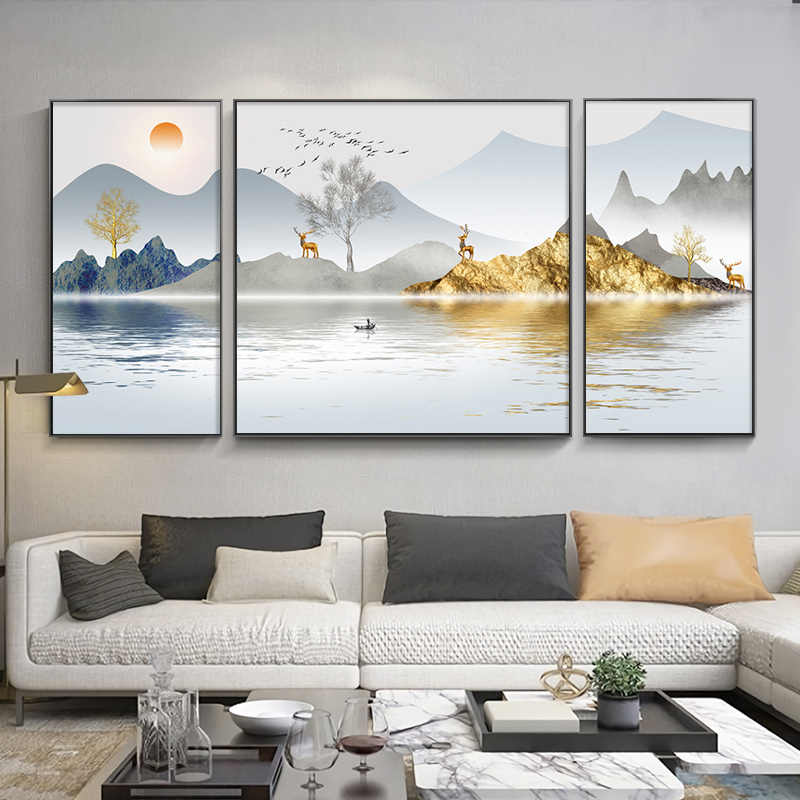 新中式客厅装饰画 画沙发背景墙三联画 画现代简约山水福鹿挂画图片