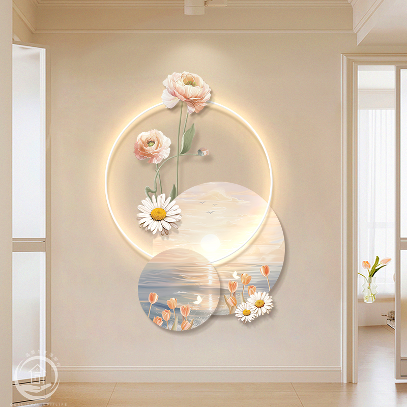 奶油风简约玄关装饰画画花卉海景治愈系壁灯画画客厅走廊过道创意