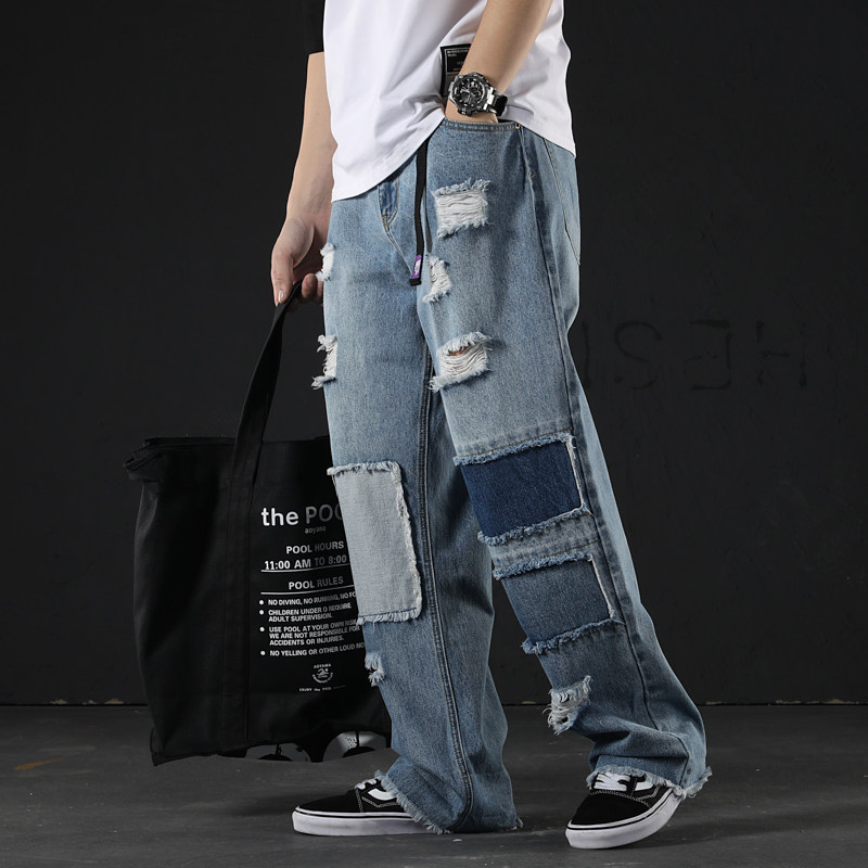 大破洞乞丐补丁坠感阔腿裤直筒牛仔裤男宽松嘻哈港风潮牌老爹裤潮