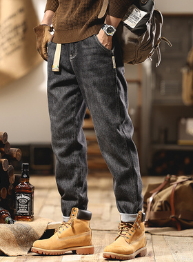 美式复古2025新款黑灰色加绒牛仔裤男宽松直筒裤子秋冬款做旧水洗
