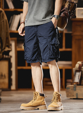 深蓝色美式工装短裤男士五分裤夏季冰丝薄款宽松多口袋中裤休闲裤
