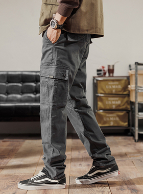 秋冬灰色多口袋工装裤男潮牌宽松直筒休闲长裤美式高街纯棉男裤子