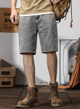 美式复古烟灰色牛仔短裤男夏季韩版潮流直筒五分裤广州新塘马裤薄