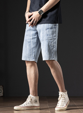 竖条纹浅蓝色牛仔短裤男夏季薄款多袋工装五分裤潮牌休闲5分中裤