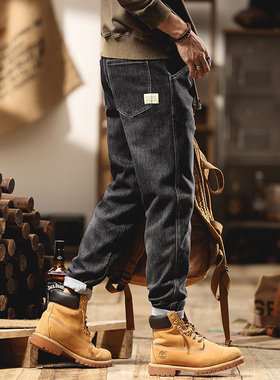 复古黑灰色水洗牛仔裤男款秋冬季休闲锥形修身弹力直筒加绒男裤子