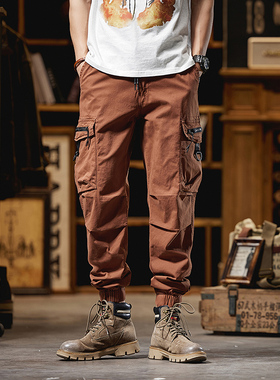 复古砖红色工装裤男秋冬2025新款美式户外宽松纯棉休闲多袋伞兵裤