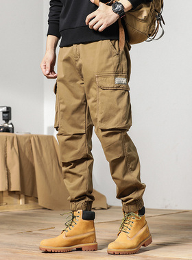 高端土黄色加绒工装裤男户外多口袋休闲秋冬新款美式登山伞兵裤子