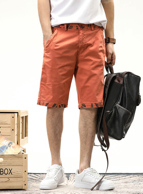 夏季橘红色休闲短裤男美式潮牌休闲五分裤ins纯棉外穿裤衩中裤薄