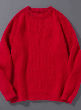 大红色圆领毛衣男冬季加厚纯色针织衫韩版潮流宽松打底衫秋冬新款