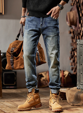 美式水洗蓝色弹力加绒牛仔裤男士2025秋冬款复古修身小直筒长裤子