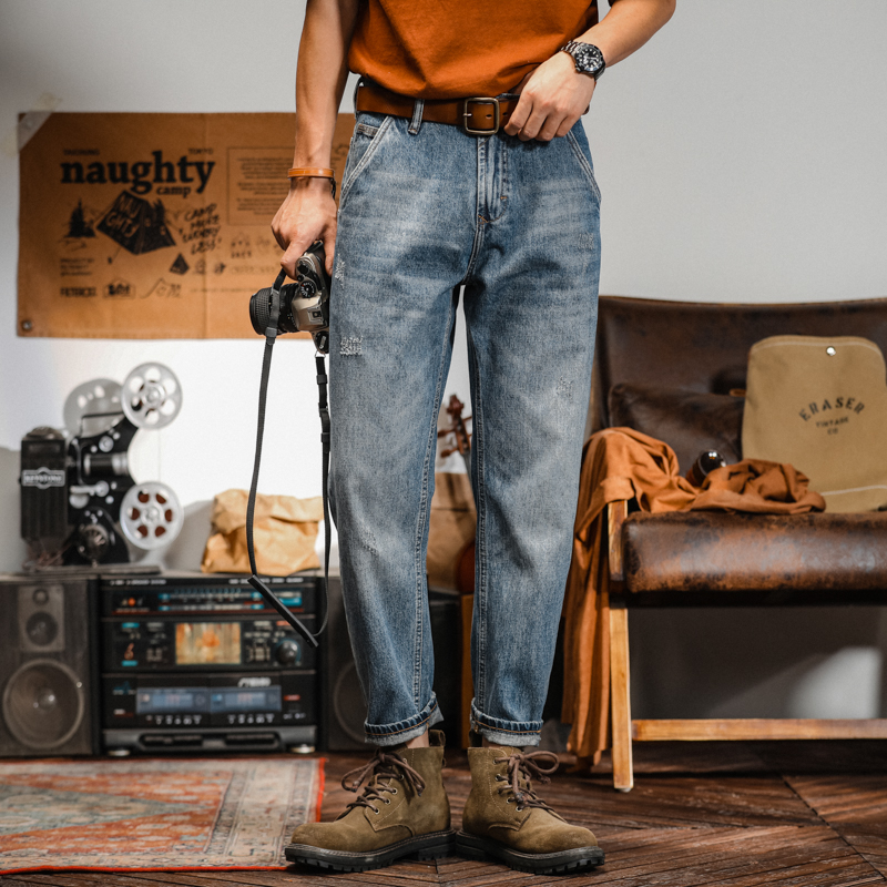 浅蓝斜插口袋锥形牛仔裤秋季男士美式复古宽松直筒高街裤2025新款