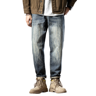 美式复古水洗牛仔裤男秋冬新款宽松直筒长裤潮牌硬汉休闲锥形裤子