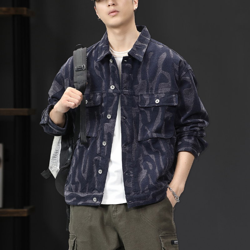 香港高端蓝色提花牛仔外套男