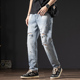 潮流直筒机车浅蓝色纯棉九分裤 春秋新款 子 男款 乞丐破洞浅色牛仔裤