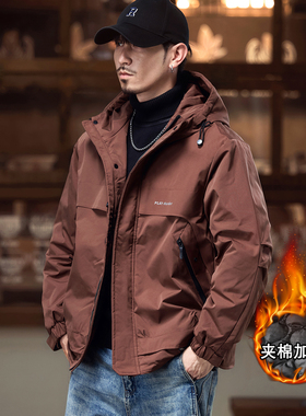 新年本命红色夹棉冲锋衣男冬季加绒加厚连帽户外登山夹克棉服外套