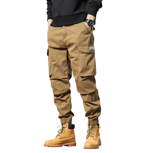 高端土黄色加绒工装裤男户外多口袋休闲秋冬新款美式登山伞兵裤子