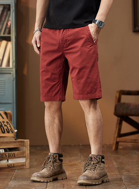 雅痞大红色纯棉休闲短裤男夏季薄款美式潮牌宽松五分裤高级感中裤