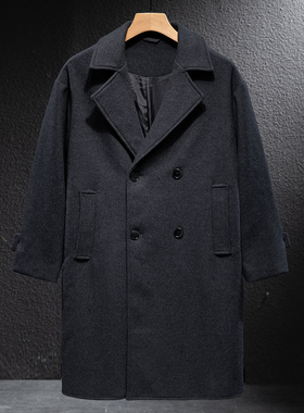 秋冬男士深灰色羊毛双排扣大衣男加厚保暖复古中长款过膝呢子外套