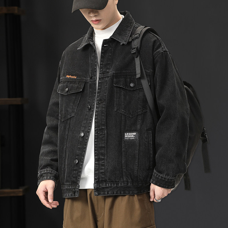 美式机车黑色牛仔外套男2024新款潮牌宽松大码春秋高端休闲夹克服