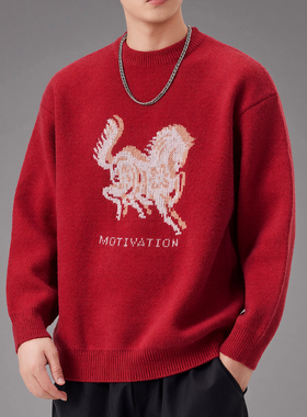 美式复古红色毛衣男款冬季加厚保暖潮牌针织衫宽松百搭毛线衣外套