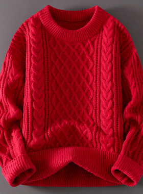 新年红色毛衣男本命年穿搭圆领针织衫男冬季加厚麻花毛衣男潮外套