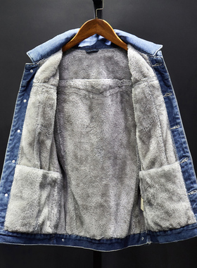 秋冬灰白水晶绒牛仔外套男韩版潮胖加绒加厚保暖大码带绒夹克大衣