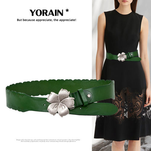 高档头层牛皮花朵扣宽腰带女装饰