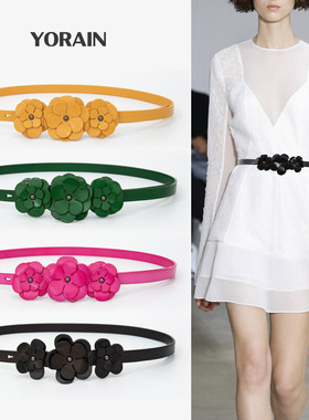 腰带女秋季装饰绿色连衣裙皮带真皮配裙子头层牛皮白色花朵细腰封