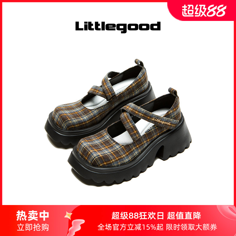 littlegood复古格纹玛丽珍鞋