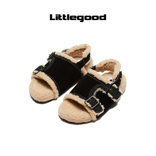 littlegood复古毛毛拖鞋 冬季 新品 外穿百搭厚底棉拖鞋 女新款